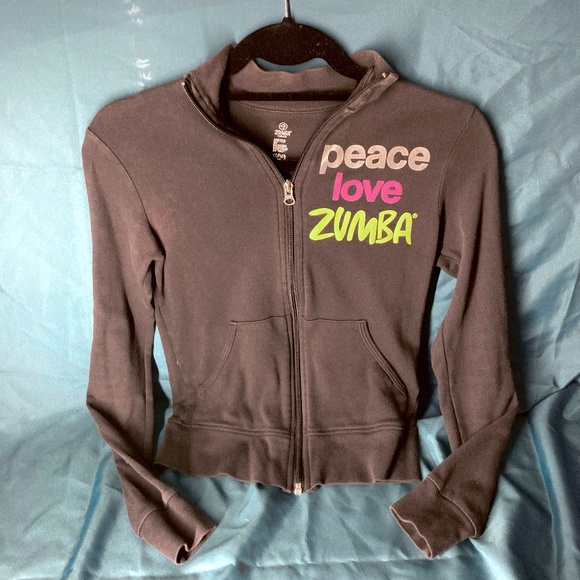 Zumba Zip-Up Sweatshirt XS Black Rhinestone Peace Love Logo Excellent Condition - Picture 1 of 4